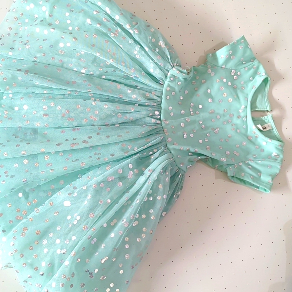 Girls dress light teal color with silver polka dots, tulle skirt